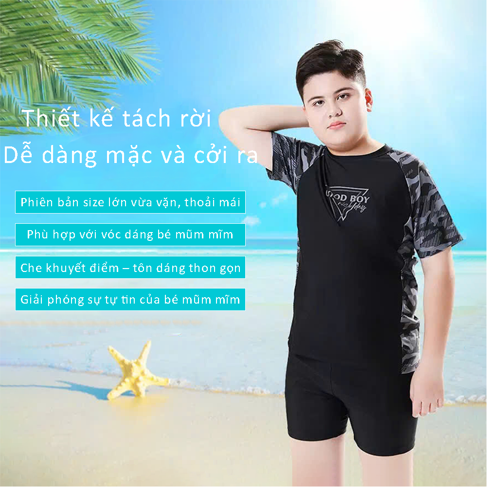 Đồ bơi bé trai BIG SIZE tay ngắn quần ngắn kèm mũ, size từ 34kg - 73kg