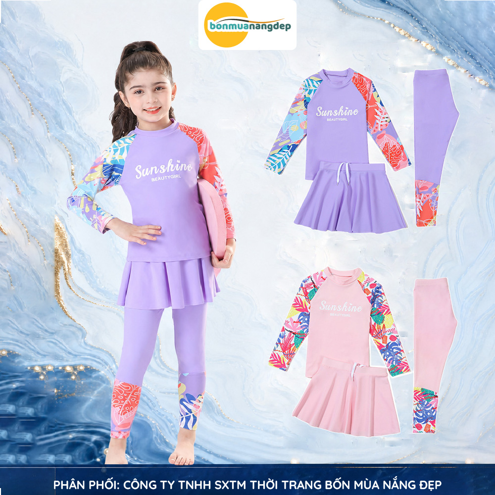 Bộ đồ bơi bé gái set 3 món áo dài quần dài và chân váy rời chống nắng