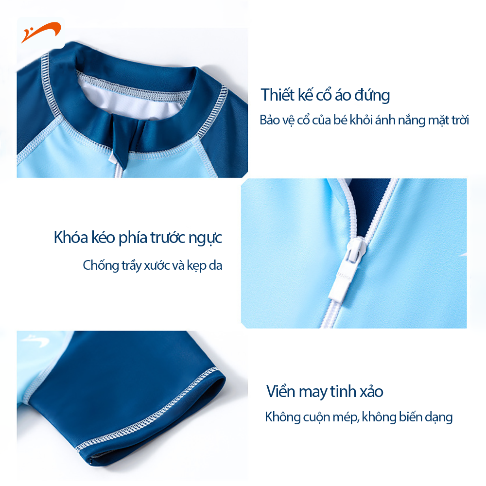 Đồ bơi bé trai tay ngắn quần ngắn liền thân, họa tiết khủng long cho bé size từ 12-34kg