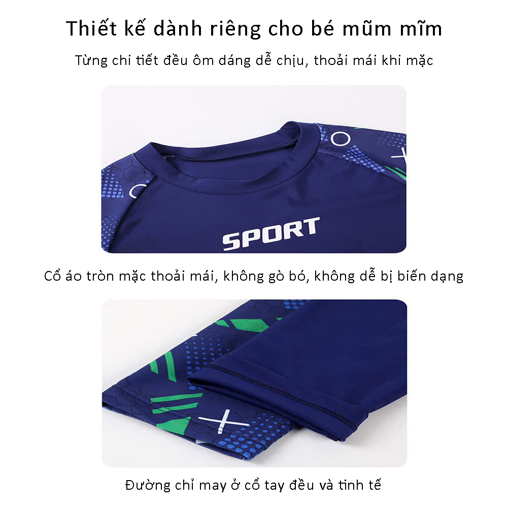 Bộ đồ bơi bé trai BIG SIZE tay dài quần ngắn tặng kèm mũ cho bé từ 34-73kg