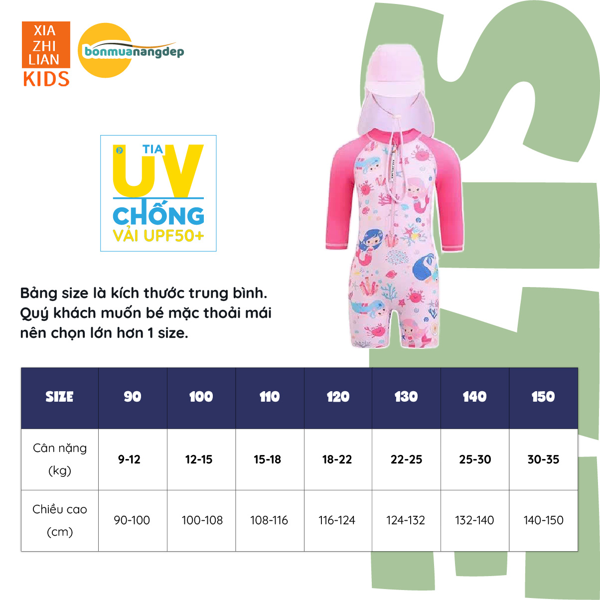 Đồ bơi bé gái liền thân cao cấp vải chống nắng chống UV kháng Clo tặng nón che gáy