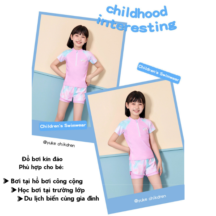 Đồ bơi bé gái YUKE tay ngắn quần ngắn ombre sôi động khóa kéo trước tiện lợi size từ 10–30kg