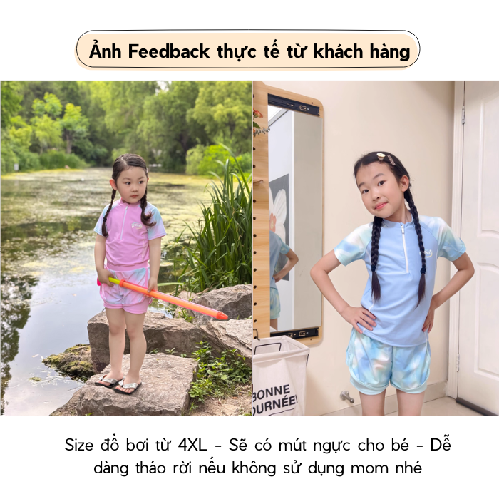 Đồ bơi bé gái YUKE tay ngắn quần ngắn ombre sôi động khóa kéo trước tiện lợi size từ 10–30kg