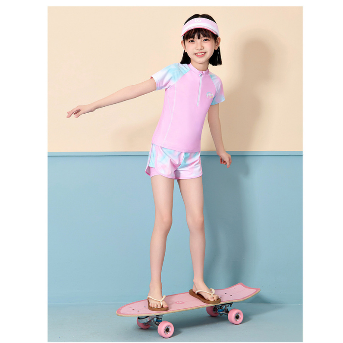 Đồ bơi bé gái YUKE tay ngắn quần ngắn ombre sôi động khóa kéo trước tiện lợi size từ 10–30kg