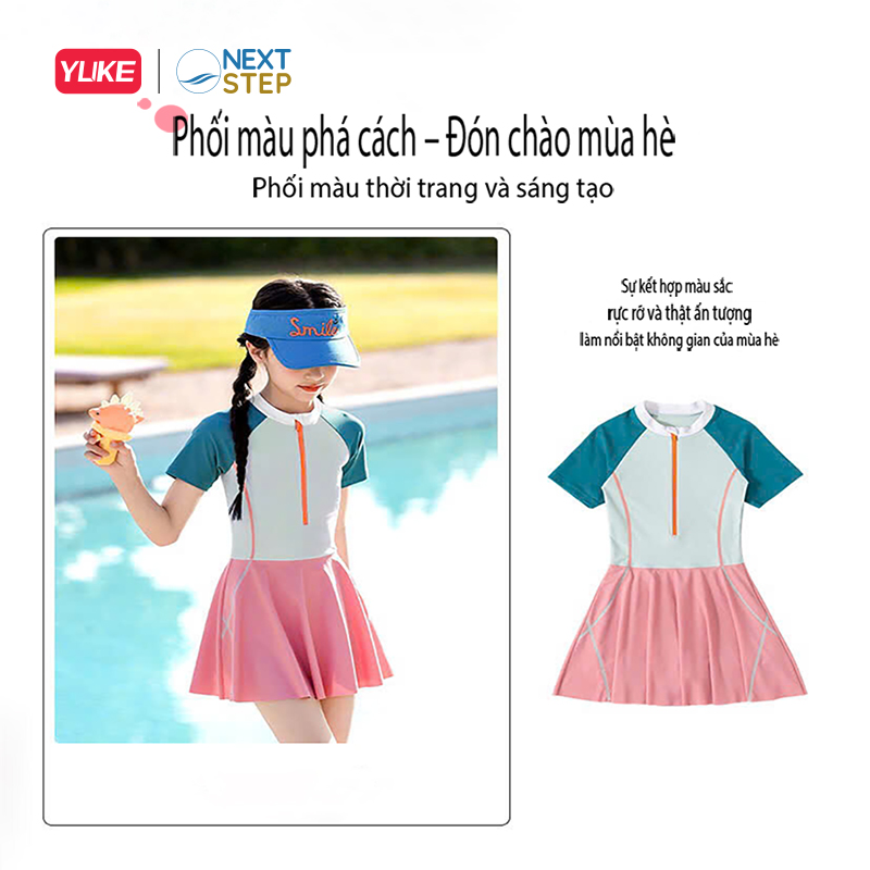 Đồ bơi bé gái, liền than tay ngắn hiệu YUKE phối váy, chất vải co giãn size cho bé từ 13-35kg.