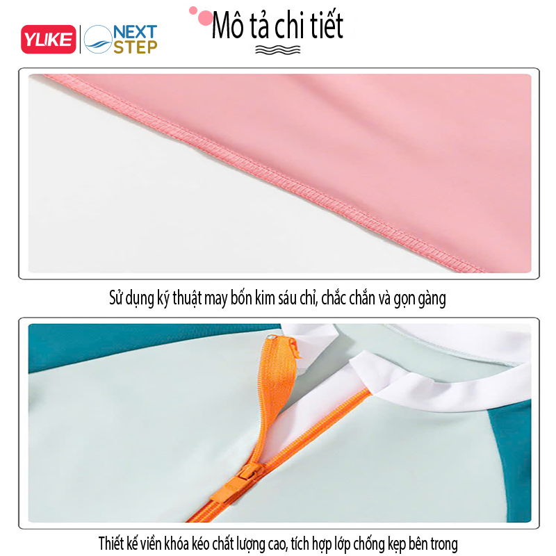 Đồ bơi bé gái, liền than tay ngắn hiệu YUKE phối váy, chất vải co giãn size cho bé từ 13-35kg.