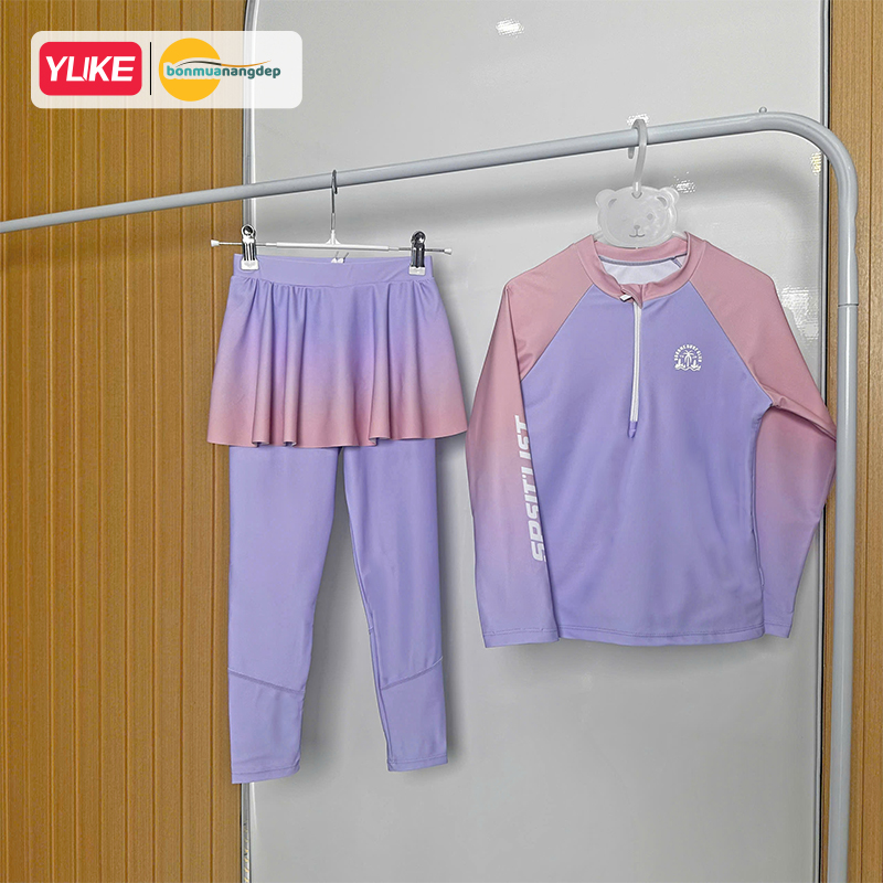 Đồ bơi bé gái tay dài quần dài chân váy liền chống nắng ngăn UV cho bé từ 17-42kg hiệu YUKE.