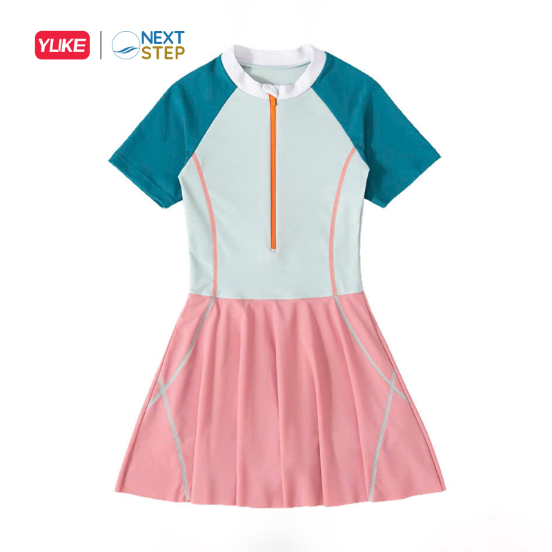 Đồ bơi bé gái, liền than tay ngắn hiệu YUKE phối váy, chất vải co giãn size cho bé từ 13-35kg.