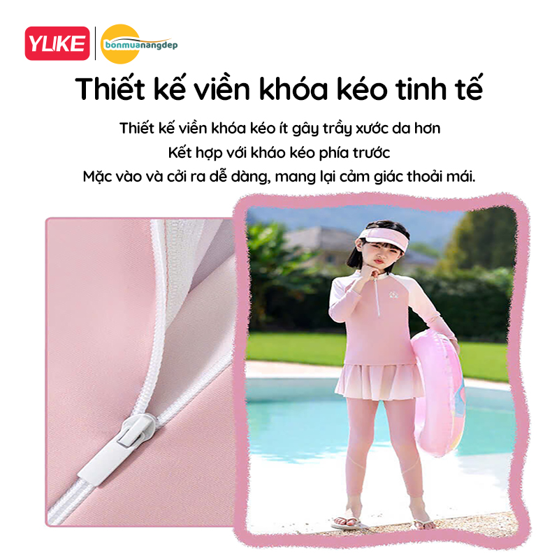 Đồ bơi bé gái tay dài quần dài chân váy liền chống nắng ngăn UV cho bé từ 17-42kg hiệu YUKE.