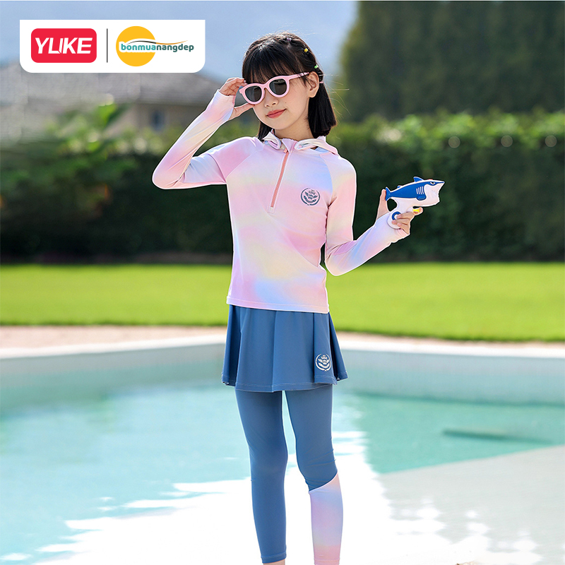 ĐỒ BƠI BÉ GÁI TAY DÀI QUẦN DÀI YUKE PHỐI CHÂN VÁY LIỀN CHỐNG NẮNG KÍN ĐÁO.