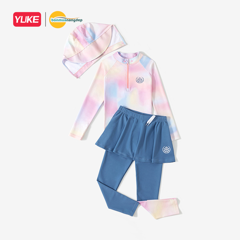 ĐỒ BƠI BÉ GÁI TAY DÀI QUẦN DÀI YUKE PHỐI CHÂN VÁY LIỀN CHỐNG NẮNG KÍN ĐÁO.