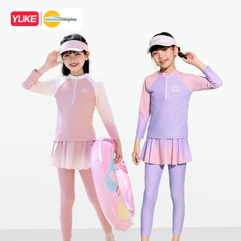 Đồ bơi bé gái tay dài quần dài chân váy liền chống nắng ngăn UV cho bé từ 17-42kg hiệu YUKE.