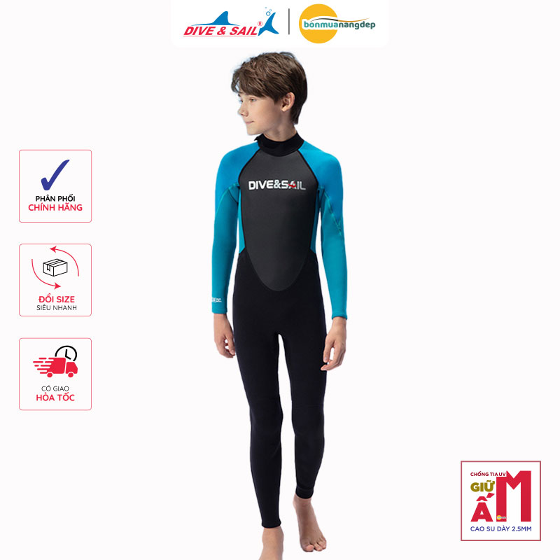 Đồ bơi giữ nhiệt bé gái Dive and Sail chất cao su dày 2.5mm size lớn 27-55kg ngăn tia UV