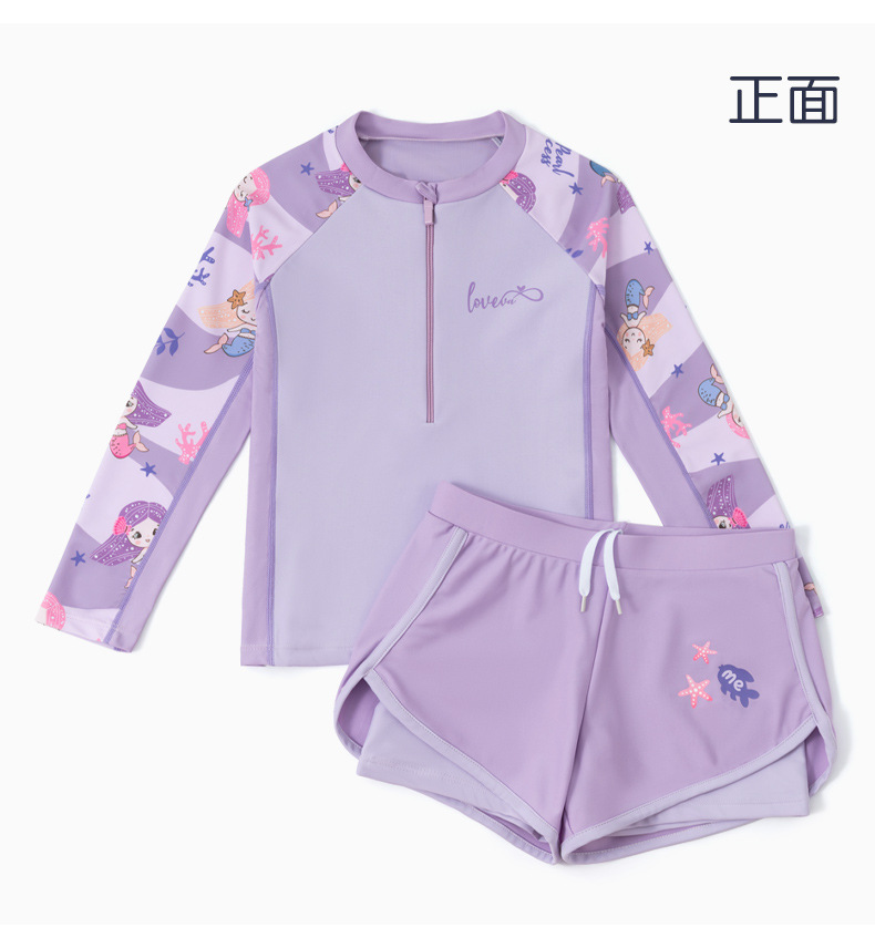 Đồ bơi bé gái tay dài quần đùi 2 lớp áo có dây kéo tiện lợi phối nàng tiên cá đáng yêu