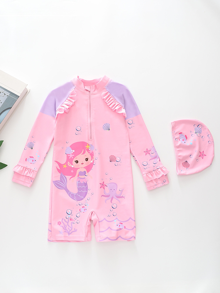 Đồ bơi bé gái liền thân tay dài chống nắng, bèo nhúng điệu đà, khóa kéo trước, tặng kèm nón bơi size 16-34kg