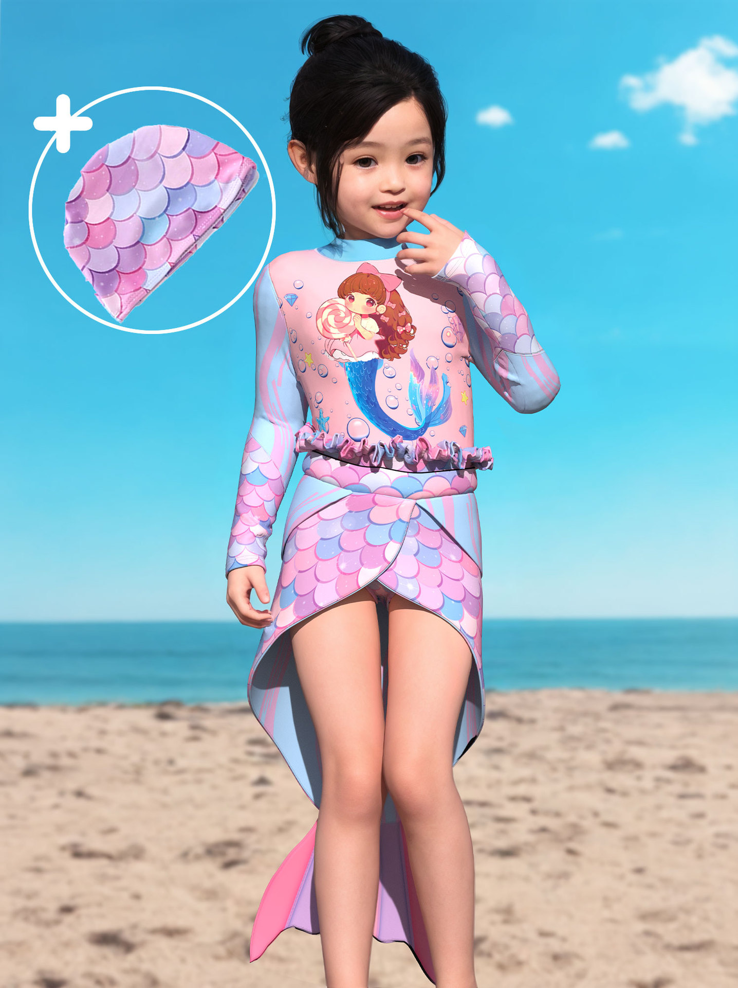 Set bơi bé gái tay dài liền thân 3 món phối đuôi cá xinh xắn ngộ nghĩnh