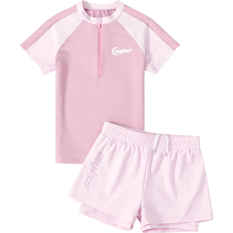 Đồ bơi bé gái Big Size Yuke tay ngắn màu hồng pastel, quần 2 lớp thoải mái, thiết kế kín đáo