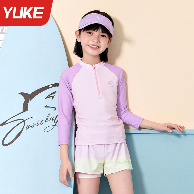 Đồ bơi bé gái tay dài quần đùi 2 lớp hiệu YUKE- Khóa kéo trước tiện lợi cho bé từ 15-42kg