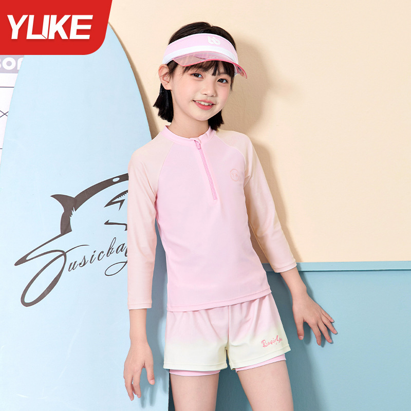 Đồ bơi bé gái tay dài quần đùi 2 lớp hiệu YUKE- Khóa kéo trước tiện lợi cho bé từ 15-42kg