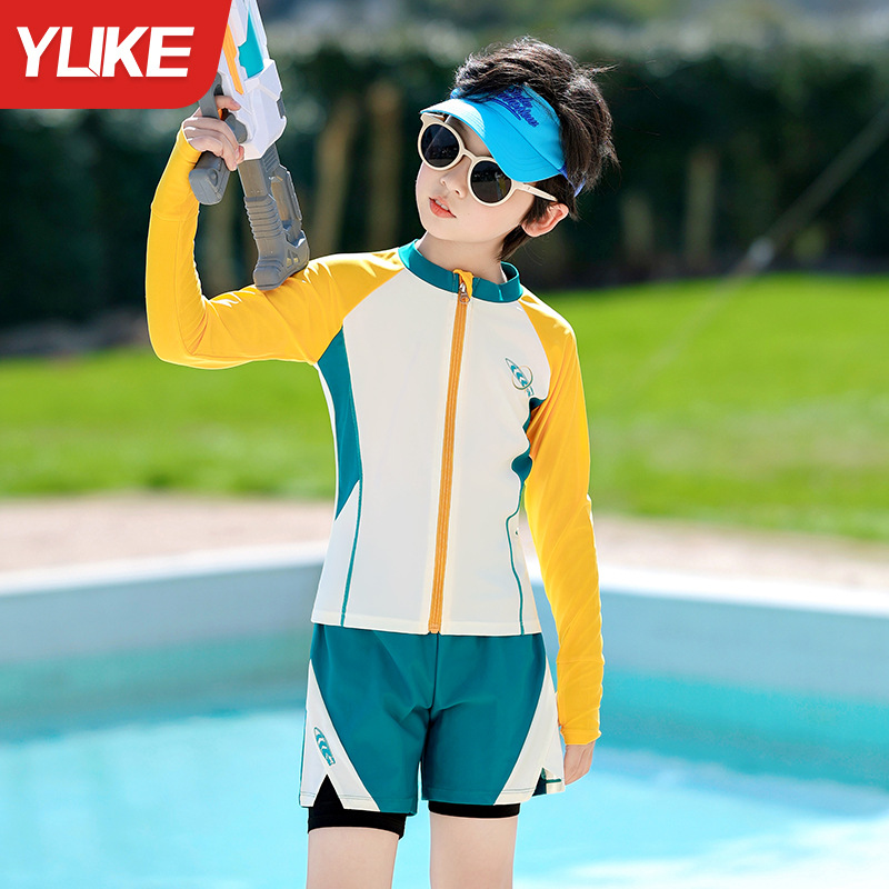 Đồ bơi bé trai tay dài quần đùi 2 lớp chống nắng hiệu YUKE, khóa kéo trước tiện lợi