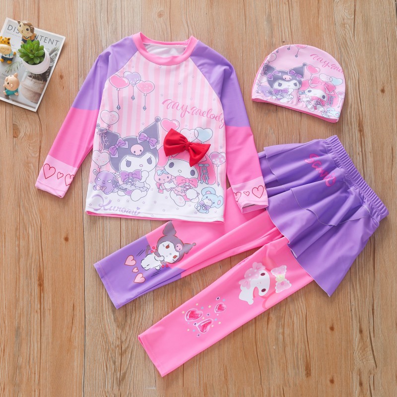 Đồ bơi bé gái tay dài quần dài phối váy Kuromi hoạt hình tặng kèm nón bơi xinh xắn