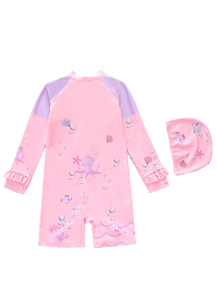 Đồ bơi bé gái liền thân tay dài chống nắng, bèo nhúng điệu đà, khóa kéo trước, tặng kèm nón bơi size 16-34kg