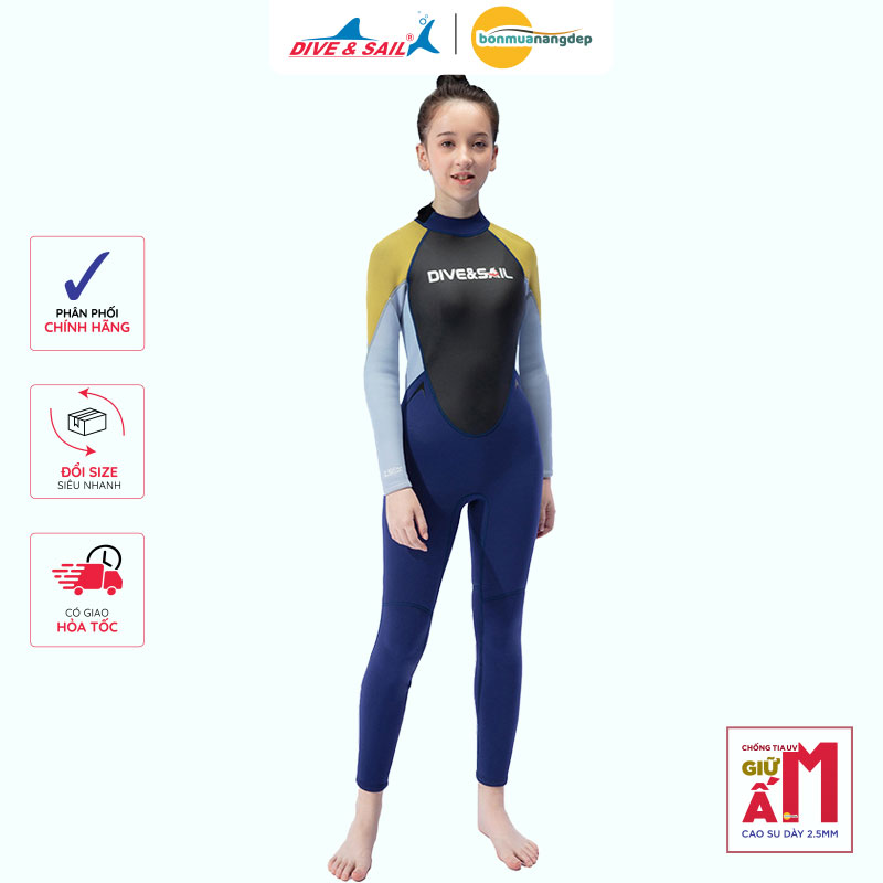 Đồ bơi giữ nhiệt bé gái Dive and Sail chất cao su dày 2.5mm size lớn 27-55kg ngăn tia UV