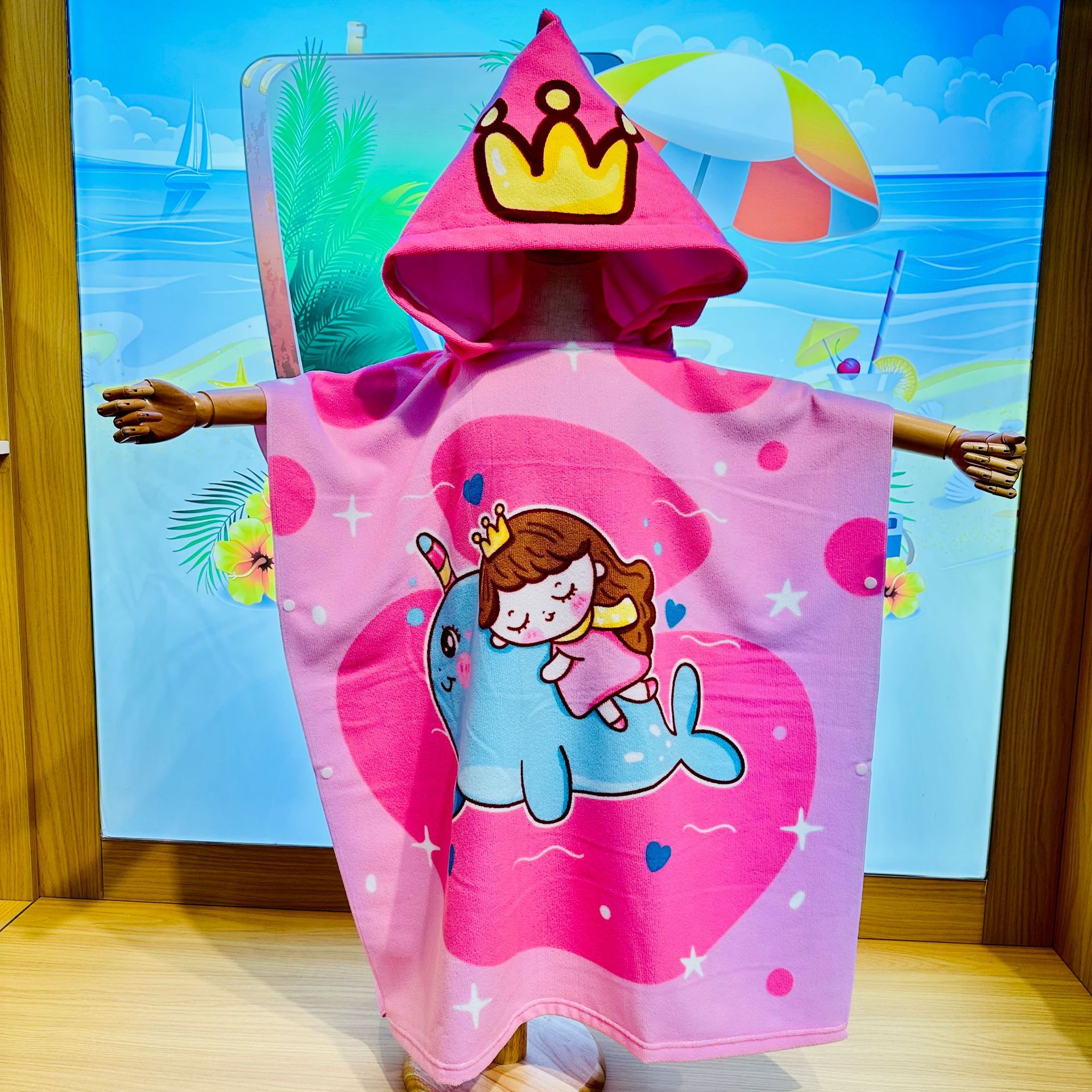 Khăn choàng tắm, khăn tắm 70x150cm cho bé đi bơi, đi biển cỡ lớn sợi mịn có mũ siêu cute