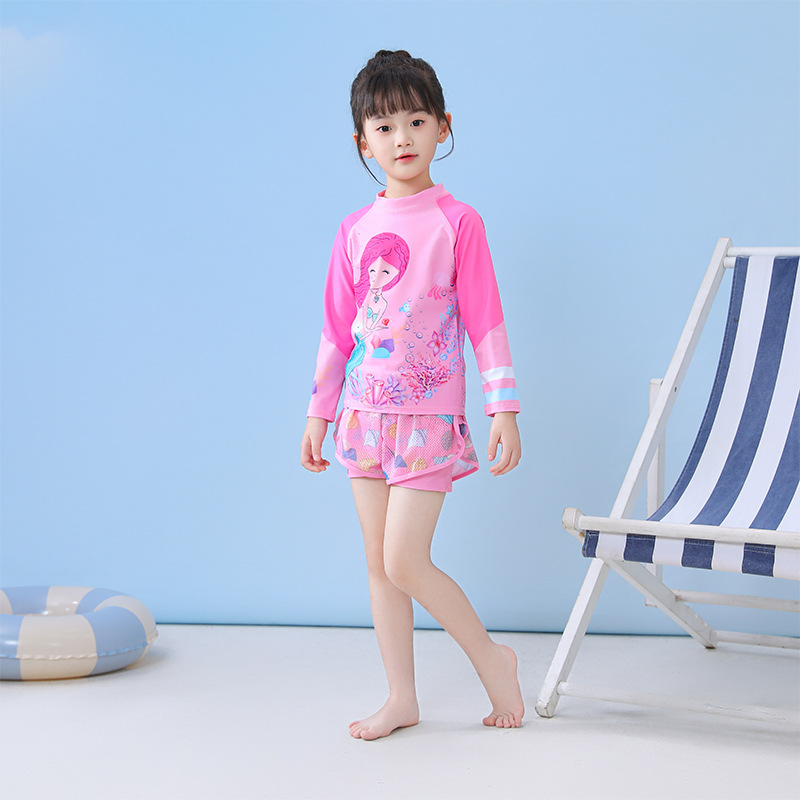 Đồ bơi bé gái tay dài quần đùi hai lớp mẫu rời hoạ tiết hoạt hình nàng tiên cá