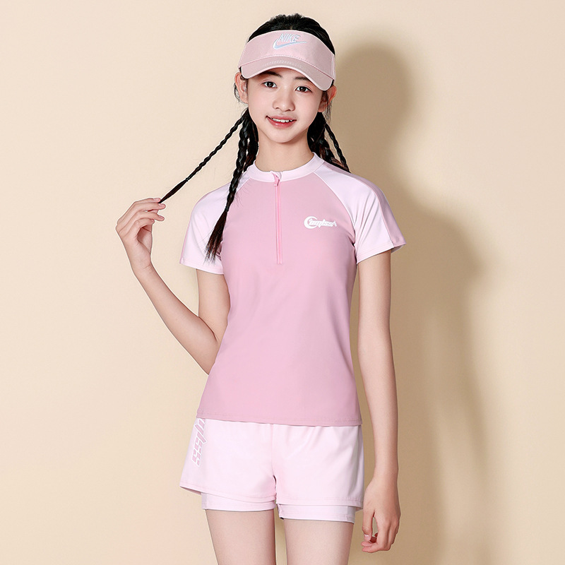 Đồ bơi bé gái Big Size Yuke tay ngắn màu hồng pastel, quần 2 lớp thoải mái, thiết kế kín đáo