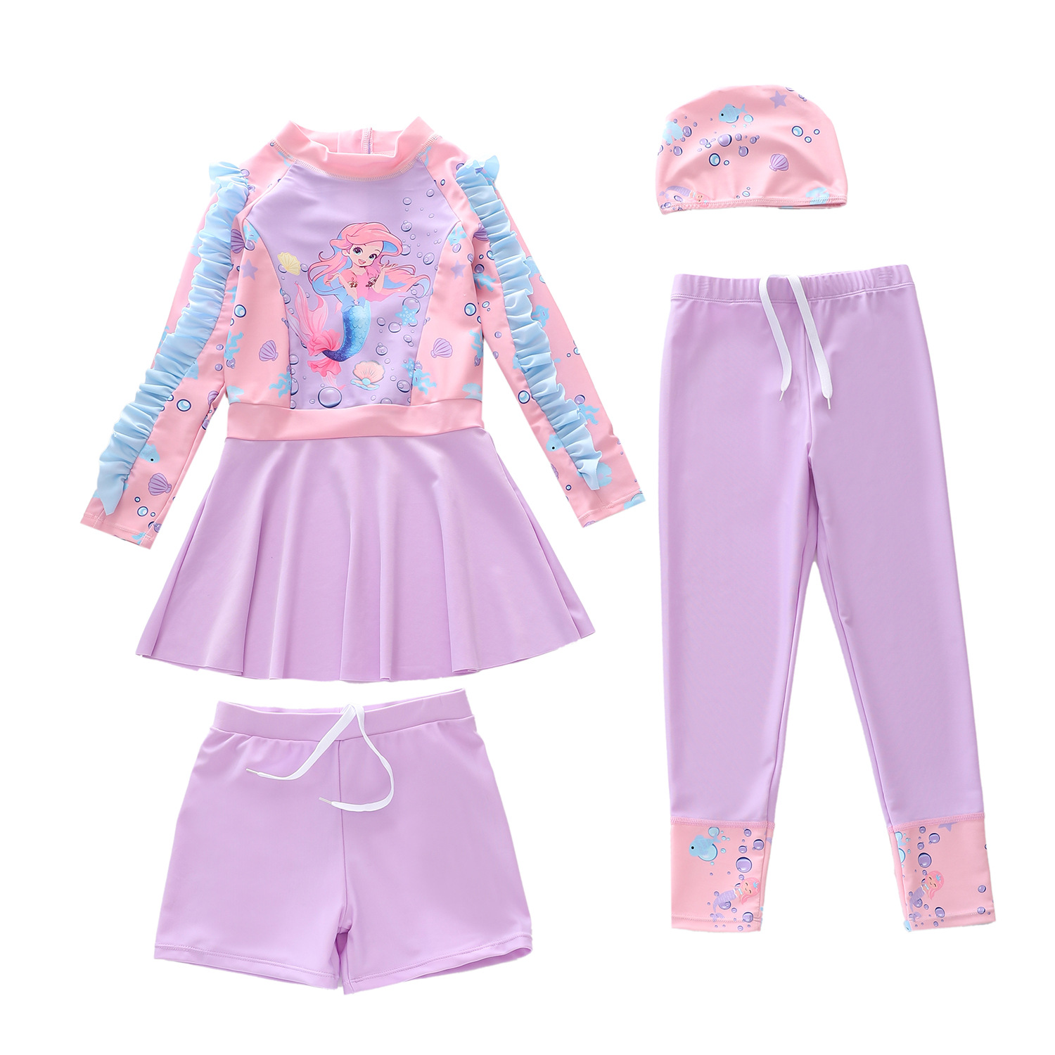 Set bơi bé gái tay dài quần dài váy quần đùi 4 chi tiết tặng kèm nón