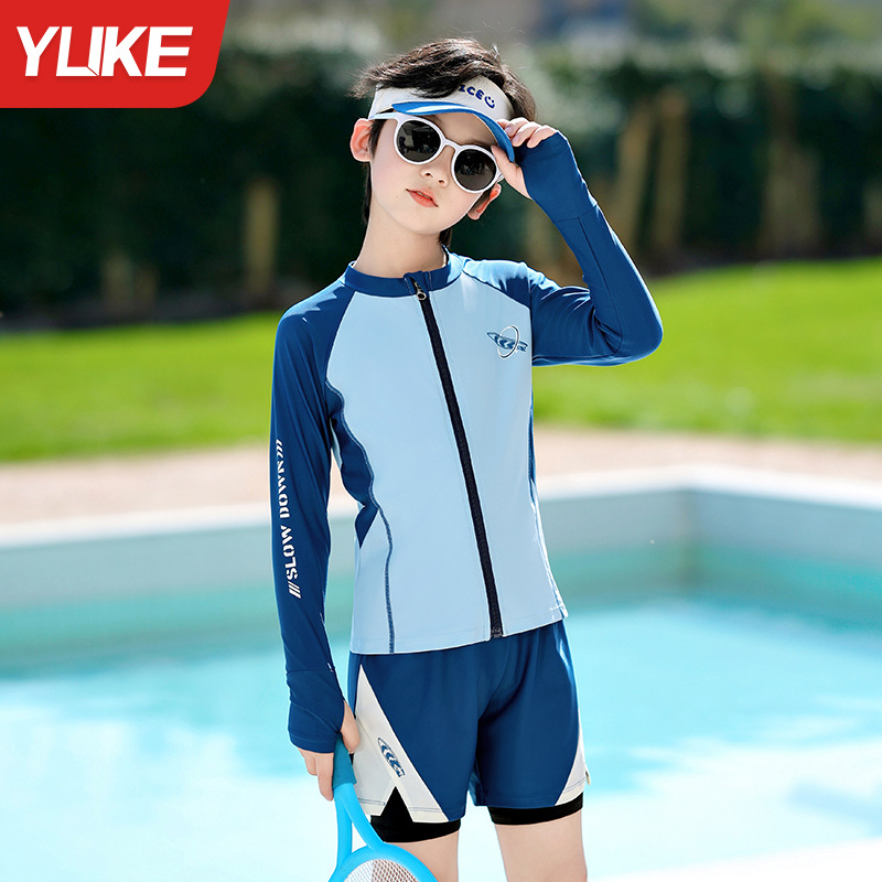 Đồ bơi bé trai tay dài quần đùi 2 lớp chống nắng hiệu YUKE, khóa kéo trước tiện lợi