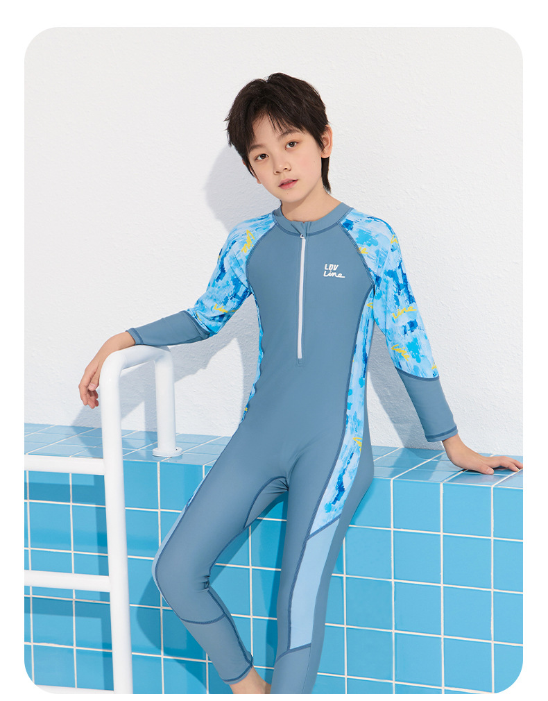 Đồ bơi bé trai liền thân tay dài quần dài hiệu Yuke chống nắng - phối sắc màu cho bé từ 15- 38kg