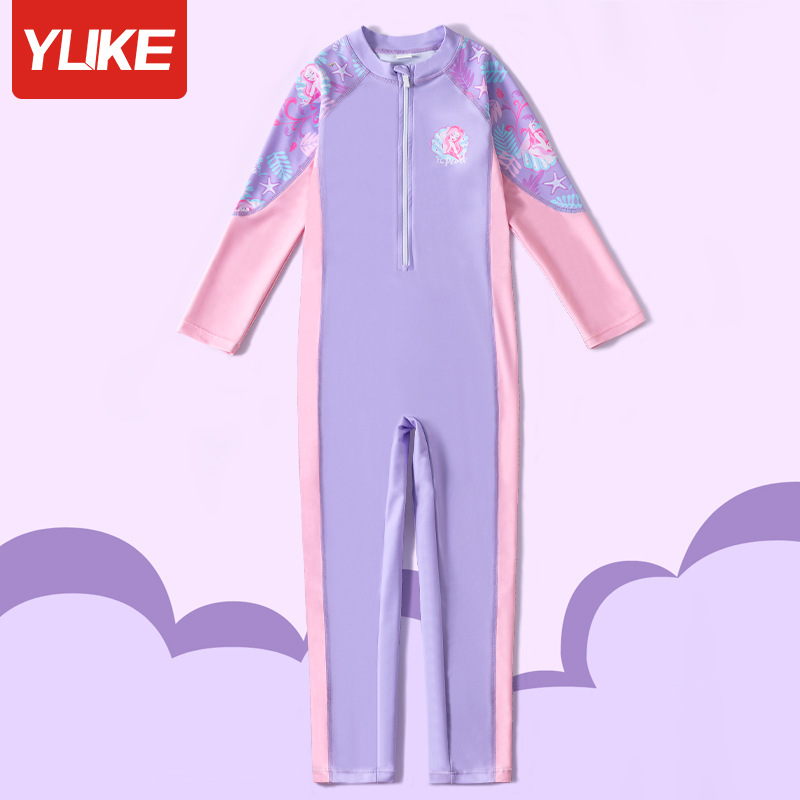 Đồ bơi bé gái liền thân tay dài quần dài chống nắng, chống UV màu Pastel ngọt ngào phối hình nàng tiên YY2266