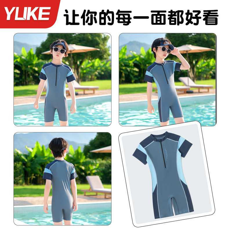 Đồ bơi bé trai liền thân tay ngắn quần ngắn hiệu YUKE- 3 sắc màu năng động cho bé trai từ 15 đến 38kg
