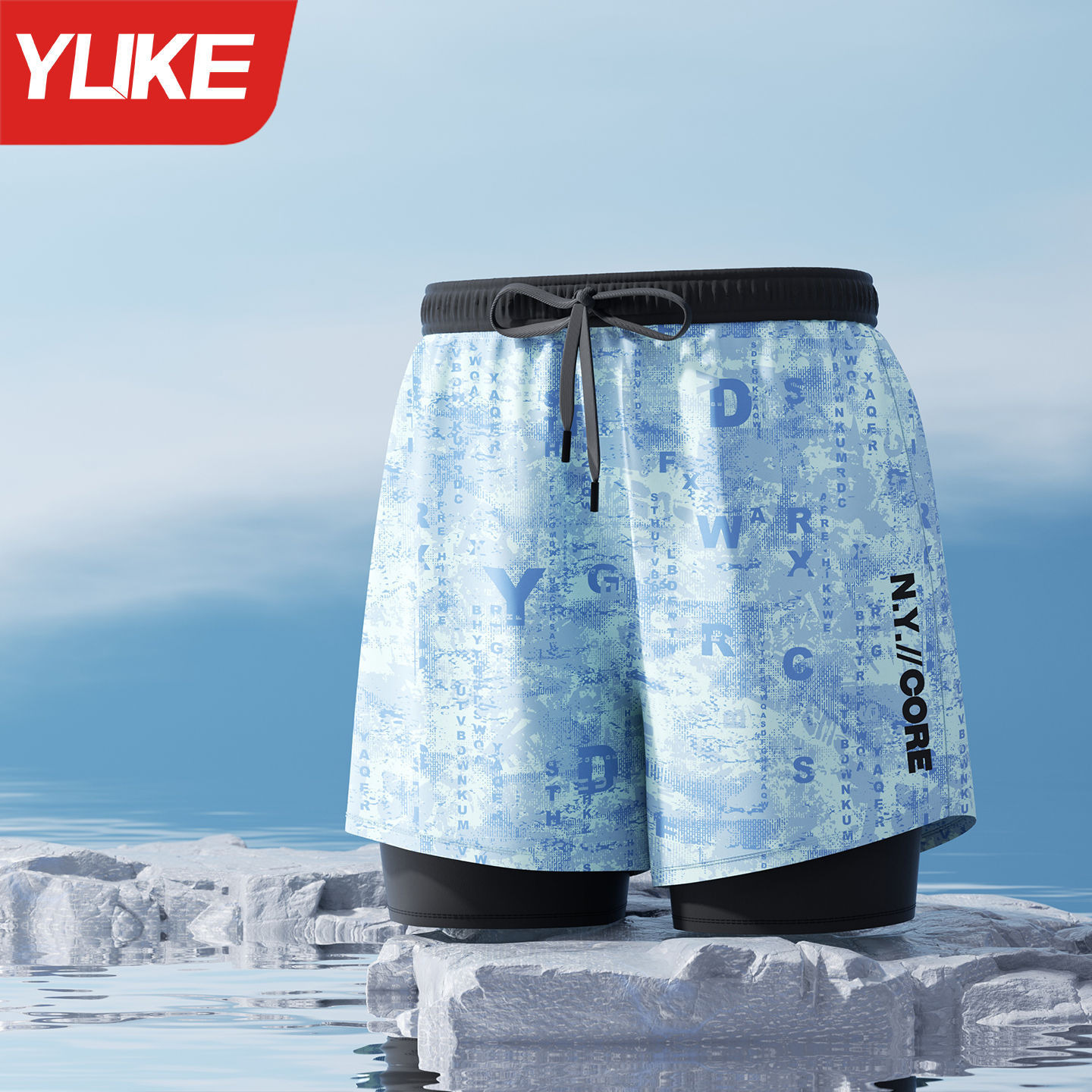 Quần bơi nam 2 lớp thể thao, phối họa tiết dãy núi cá tính, dáng suông