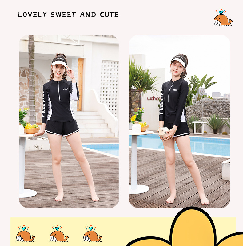 Đồ bơi bé gái thiếu niên tay dài quần đùi 2 lớp dày dặn kín đáo đa phong cách