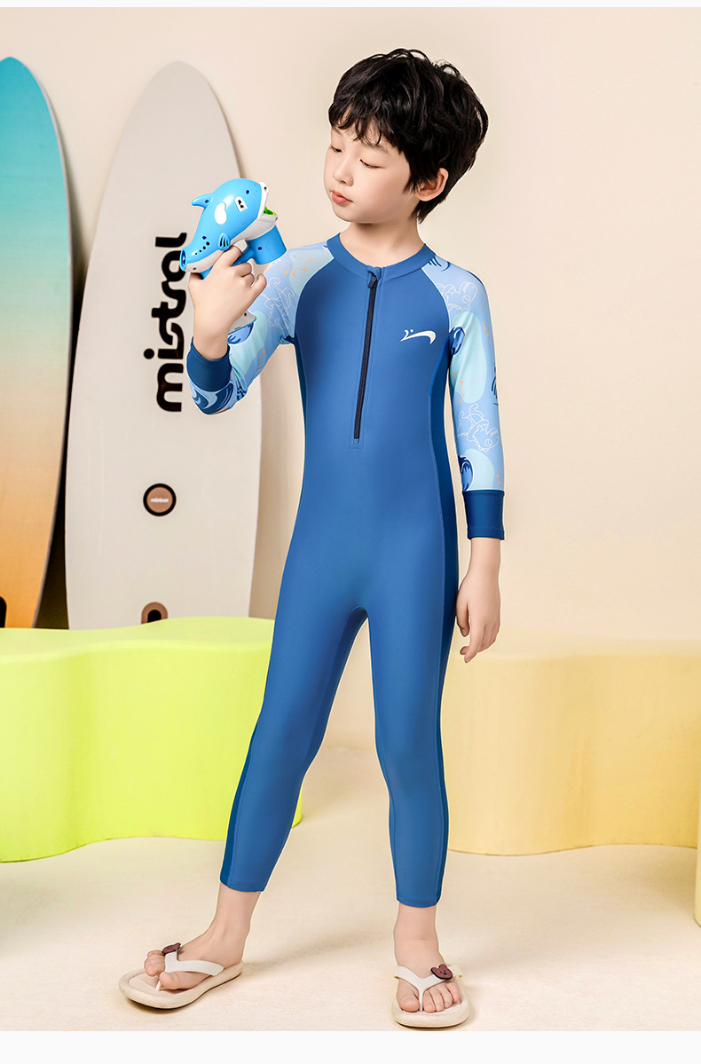 Đồ bơi bé trai liền thân tay dài quần dài hiệu Yuke chống nắng thiết kế body thời trang năng động size cho bé tới 38kg