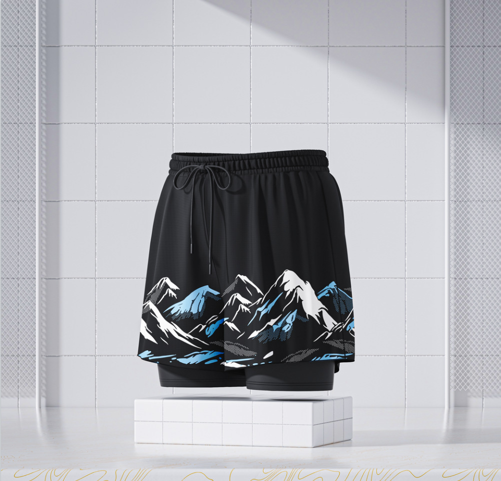 Quần bơi nam 2 lớp thể thao, phối họa tiết dãy núi cá tính, dáng suông