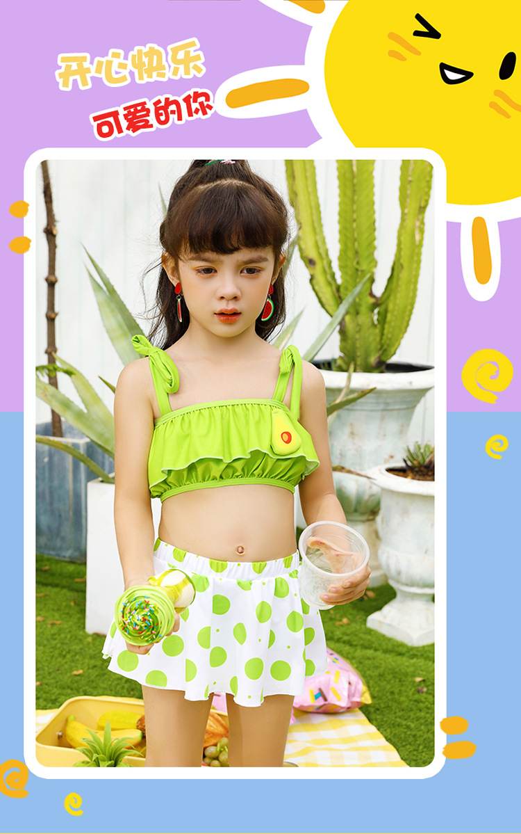 Bikini bé gái Siêu dễ thương chấm bi hồng phối trái bơ xinh