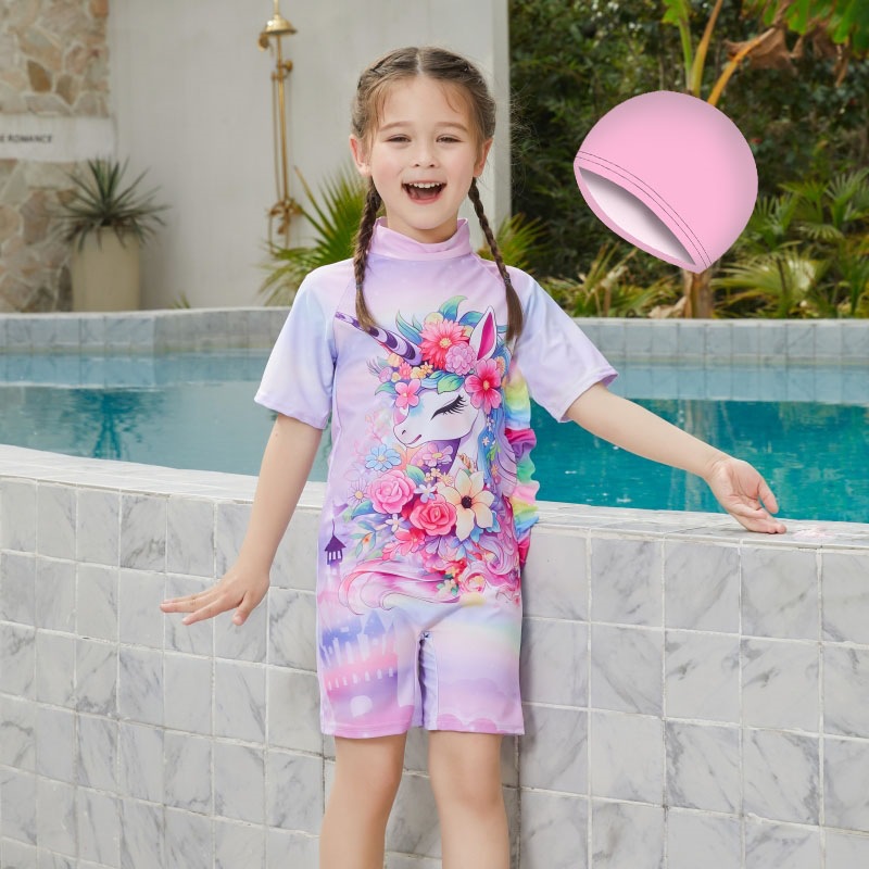 Đồ bơi bé gái liền thân tay ngắn bao gồm nón bơi họa tiết kỳ lân