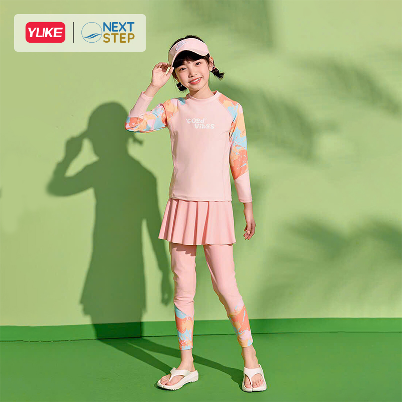 Đồ bơi bé gái tay dài quần dài chống nắng, chân váy liền size cho bé từ 17-42kg hiệu YUKE.