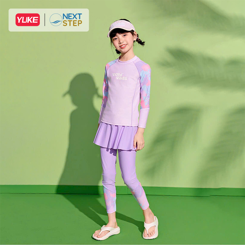 Đồ bơi bé gái tay dài quần dài chống nắng, chân váy liền size cho bé từ 17-42kg hiệu YUKE.