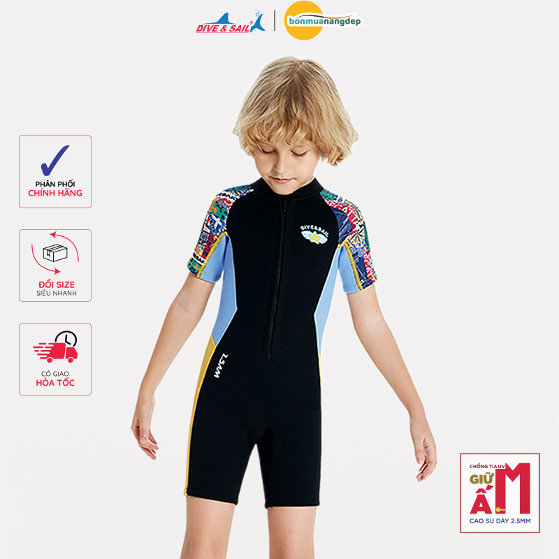 Đồ bơi giữ nhiệt bé trai Dive and Sail chất cao su dày 2.5mm giữ ấm chống tia UV size 12-30kg