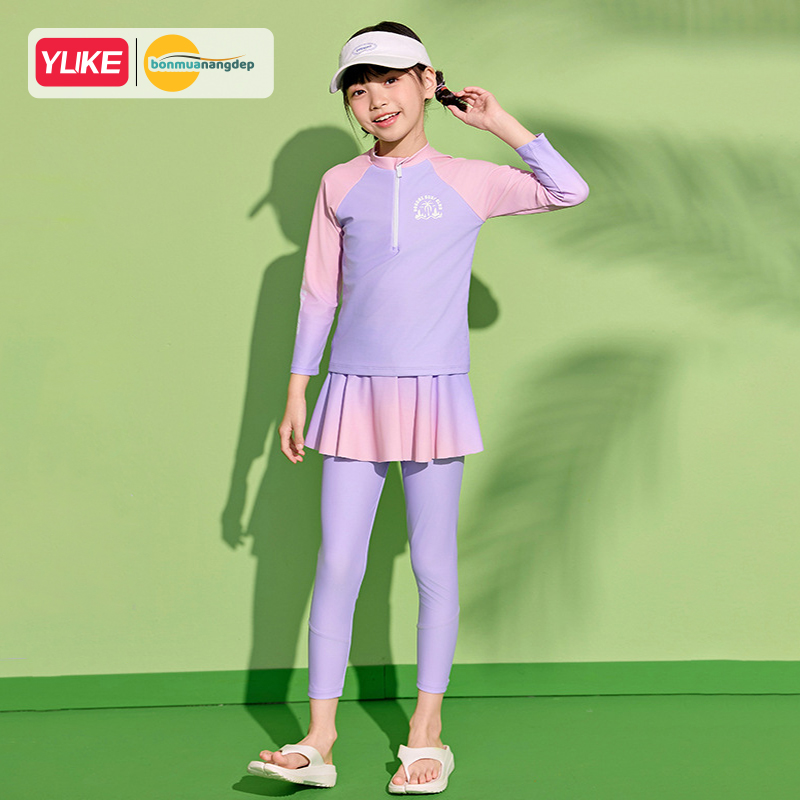 Đồ bơi bé gái tay dài quần dài chân váy liền chống nắng ngăn UV cho bé từ 17-42kg hiệu YUKE.