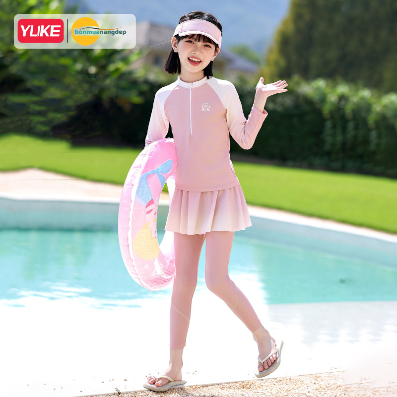 Đồ bơi bé gái tay dài quần dài chân váy liền chống nắng ngăn UV cho bé từ 17-42kg hiệu YUKE.