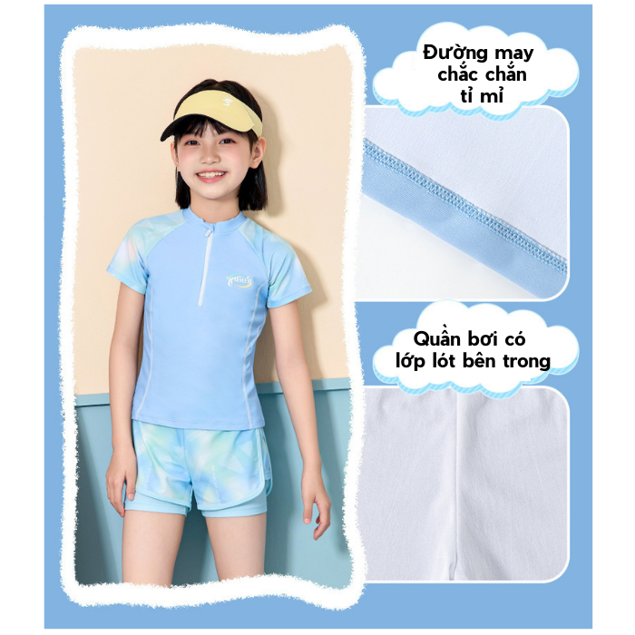 Đồ bơi bé gái YUKE tay ngắn quần ngắn ombre sôi động khóa kéo trước tiện lợi size từ 10–30kg