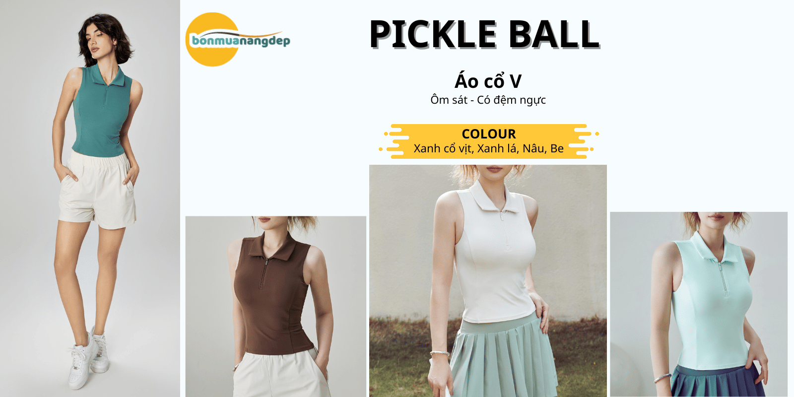 Áo thể thao nữ pickleball, tennis không tay, có cổ, ôm sát tôn dáng