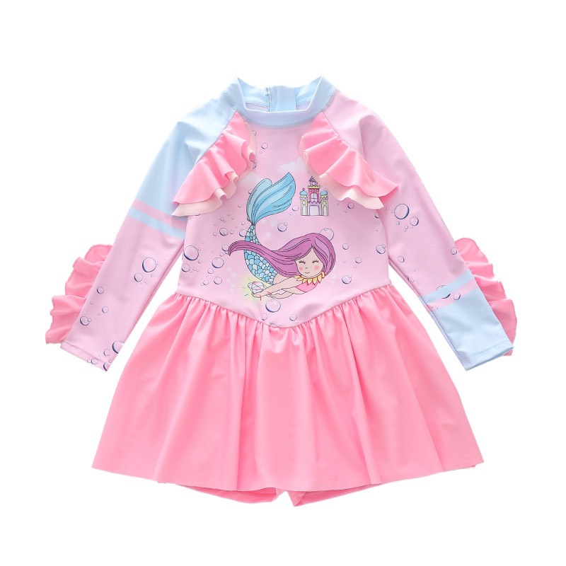 Váy bơi bé gái tay dài liền thân bèo nhún công chúa quần đùi kín đáo size đến 34kg CM240210