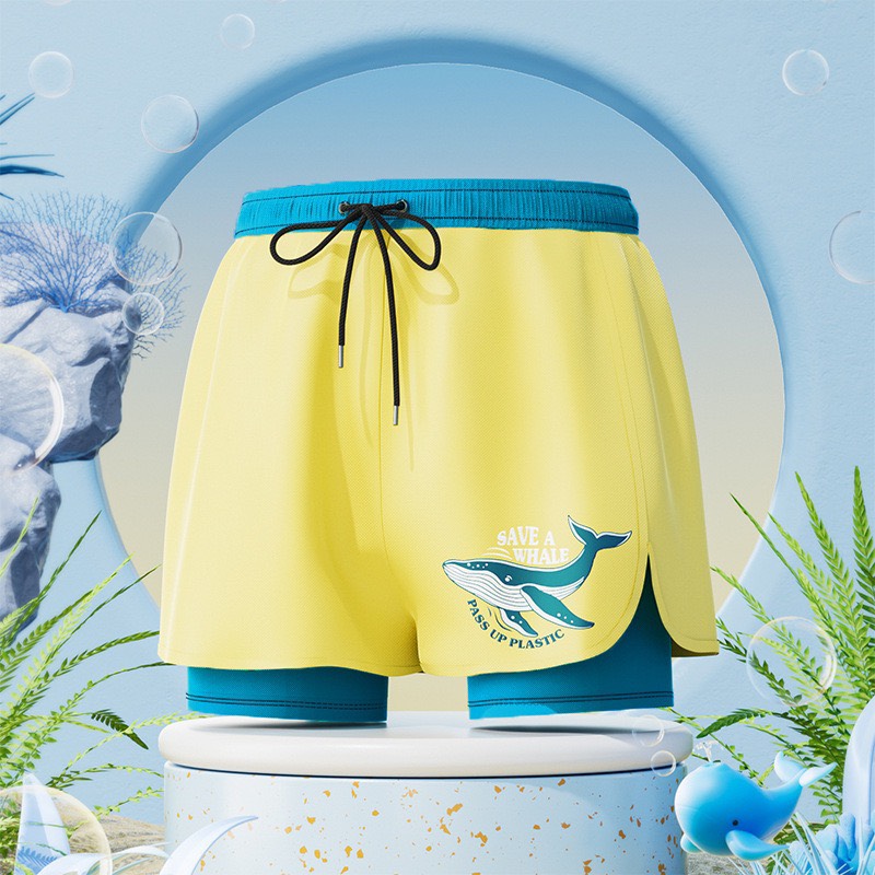 Quần bơi bé trai 2 lớp dày dặn đáng yêu in hình cá voi Save the whale có dây rút quần tiện lợi size tới 45kg